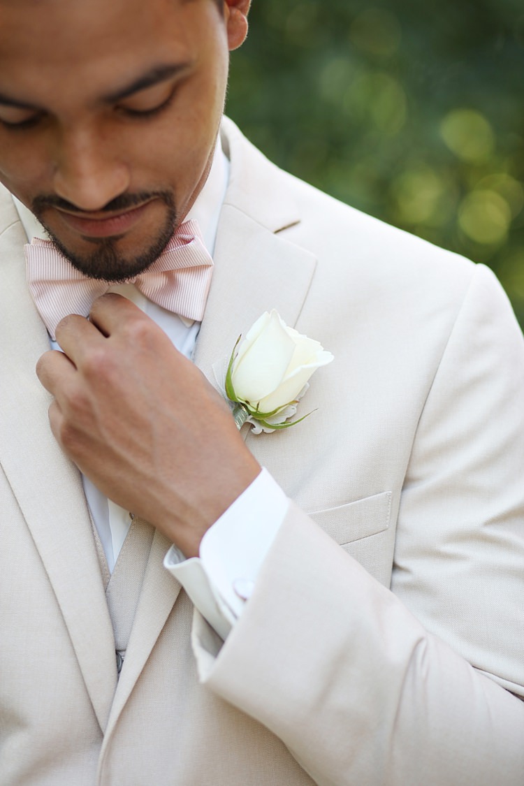 Groom Beige Suit White Shirt Pale Pink Bow Tie White Rose Buttonhole Style Soft Romantic Woodland Wedding Tennessee http://www.jessicaleephotographicart.com/