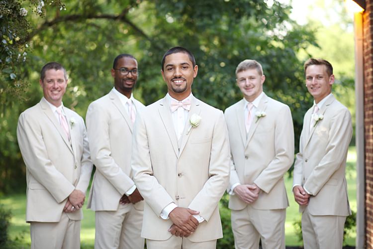 Groom Groomsmen Beige Suits White Shirts Pale Pink Tie Rose Buttonhole Trees Soft Romantic Woodland Wedding Tennessee http://www.jessicaleephotographicart.com/