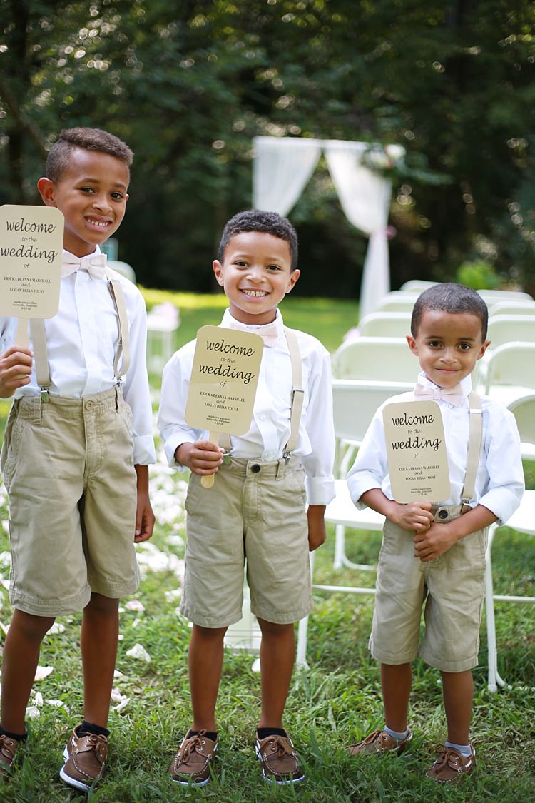 Page Boys White Shirts Beige Shorts Pale Pink Bow Ties Tan Leather Shoes Ceremony Program Fans White Curtains Chairs Trees Grass Soft Romantic Woodland Wedding Tennessee http://www.jessicaleephotographicart.com/