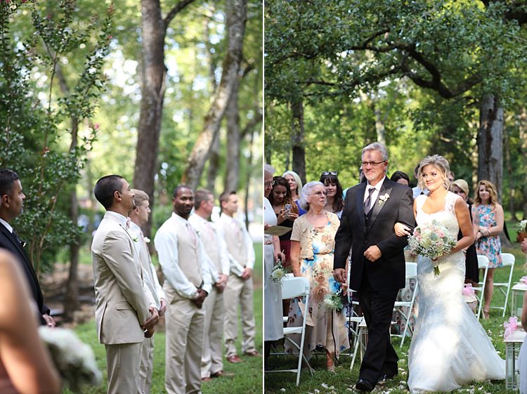 Outdoor Ceremony Groom Beige Suit White Shirt Pale Pink Bow Tie Groomsmen Bride Lace Mermaid Bridal Gown With Straps Bouquet White Hydrangeas Pink Roses Baby's Breath Father Soft Romantic Woodland Wedding Tennessee http://www.jessicaleephotographicart.com/