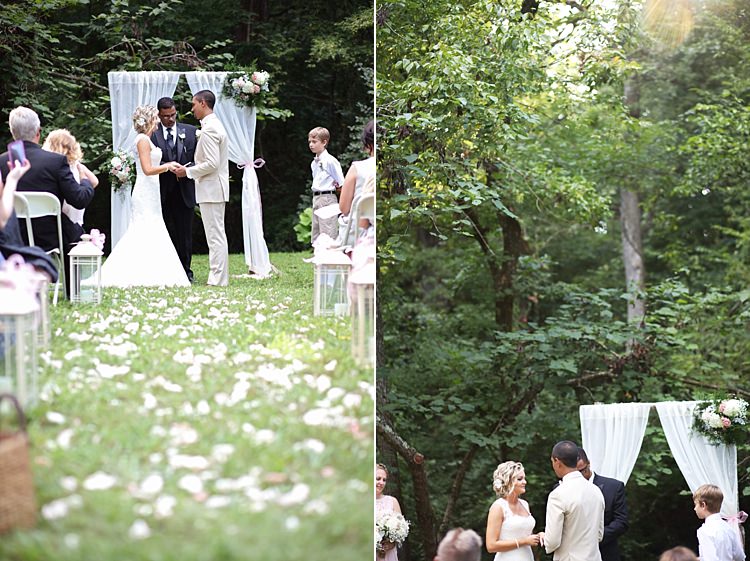 Outdoor Ceremony Bride Lace Mermaid Bridal Gown With Straps Groom Beige Suit White Curtains Floral Bouquets Flower Petals Candle Lanterns Guests Soft Romantic Woodland Wedding Tennessee http://www.jessicaleephotographicart.com/