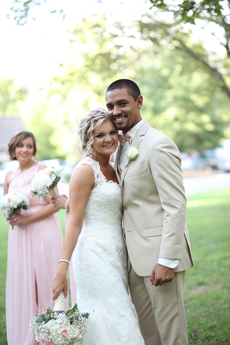 Bride Lace Mermaid Bridal Gown With Straps Floral Hairpiece Bouquet White Hydrangeas Pink Roses Baby's Breath Groom Beige Suit White Shirt Pale Pink Bow Tie Bridesmaid Pale Pink Dress Trees Grass Soft Romantic Woodland Wedding Tennessee http://www.jessicaleephotographicart.com/