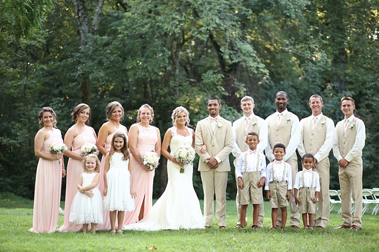 Bride Lace Mermaid Bridal Gown With Straps Bouquet Groom Beige Suit White Shirt Pale Pink Bow Tie Bridal Party Groomsmen Bridesmaids Pale Pink Lace Chiffon Dresses Flower Girls Page Boys Soft Romantic Woodland Wedding Tennessee http://www.jessicaleephotographicart.com/