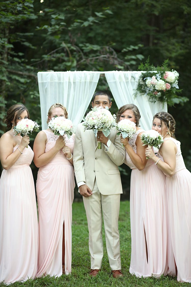 Groom Beige Suit White Shirt Bridesmaids Pale Pink Lace Chiffon Dresses Bouquet White Hydrangea Pink Roses Baby's Breath White Curtains Florals Trees Grass Soft Romantic Woodland Wedding Tennessee http://www.jessicaleephotographicart.com/