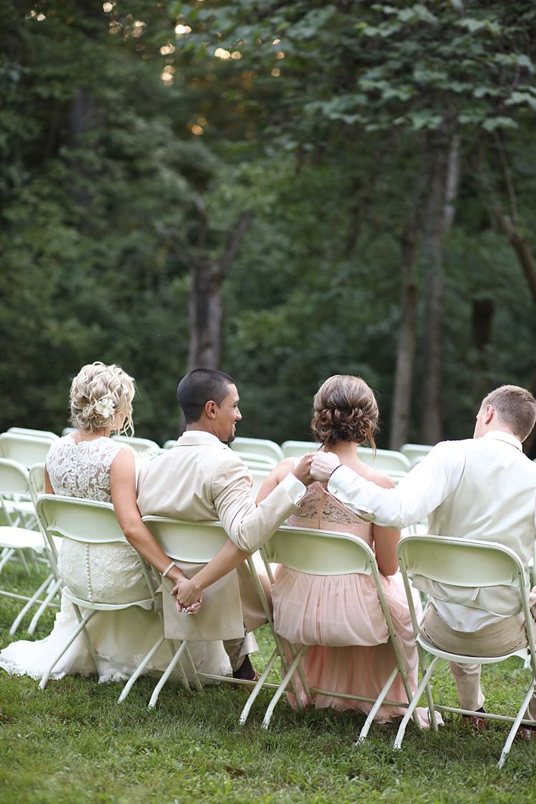 Bride Lace Mermaid Bridal Gown Floral Hairpiece Groom Beige Suit Bridesmaid Pale Pink Lace Chiffon Dress Groomsmen Beige Suit Holding Hands Fist Pump Trees Chairs Grass Soft Romantic Woodland Wedding Tennessee http://www.jessicaleephotographicart.com/