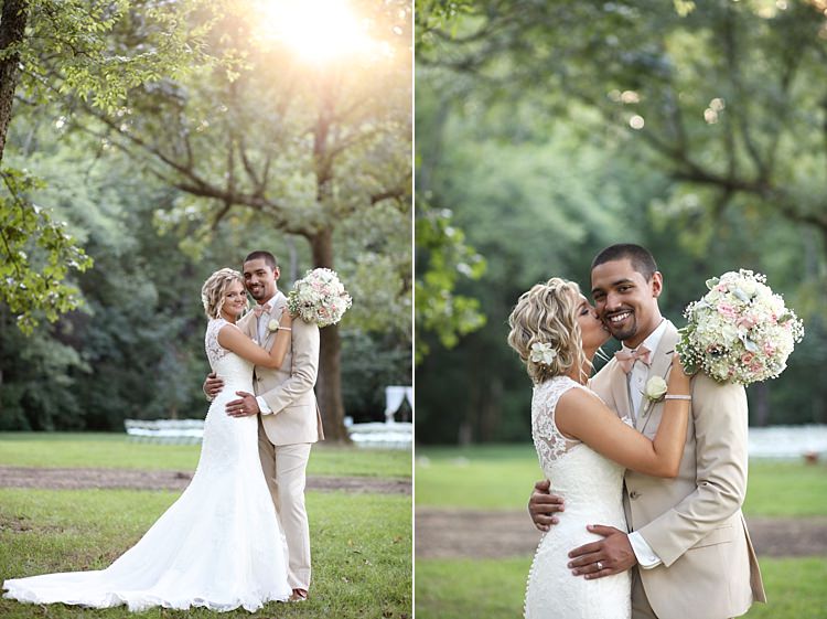 Bride Lace Mermaid Bridal Gown With Straps Floral Hairpiece Bouquet White Hydrangea Pink Roses Baby's Breath Groom Beige Suit White Shirt Pale Pink Bow Tie Trees Sunlight Grass Soft Romantic Woodland Wedding Tennessee http://www.jessicaleephotographicart.com/