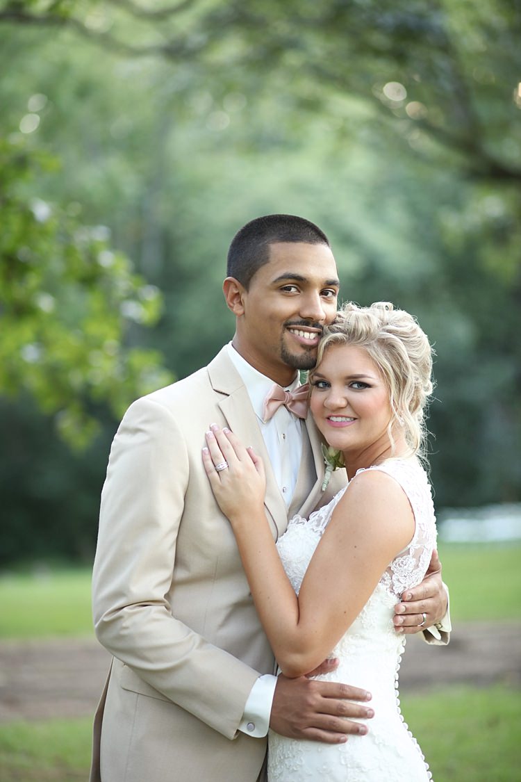 Bride Lace Mermaid Bridal Gown With Straps Floral Hairpiece Groom Beige Suit White Shirt Pale Pink Bow Tie Trees Sunlight Grass Soft Romantic Woodland Wedding Tennessee http://www.jessicaleephotographicart.com/