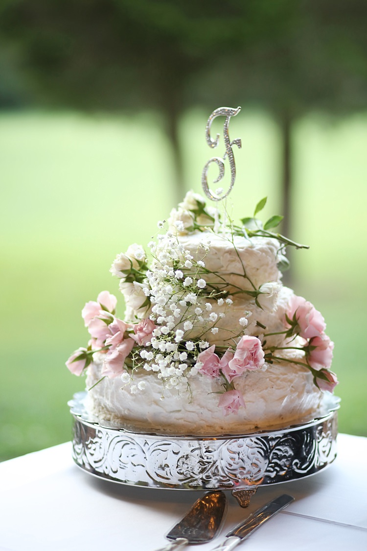 Wedding Cake Sparkly Cake Topper Florals Pink Roses Baby's Breath Silver Stand Soft Romantic Woodland Wedding Tennessee http://www.jessicaleephotographicart.com/