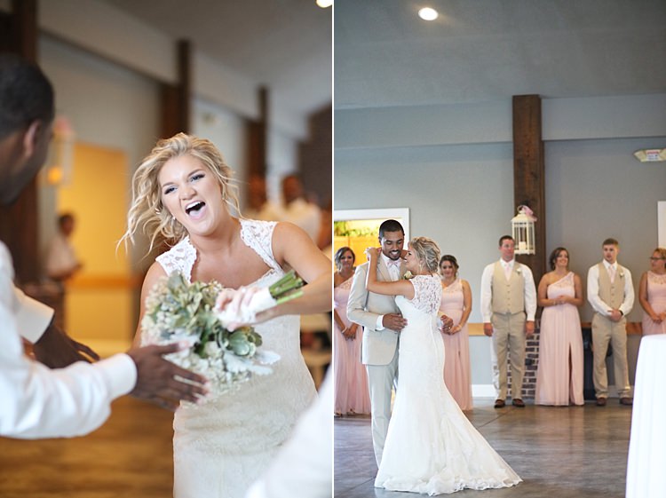 Reception Bride Lace Mermaid Bridal Gown With Straps Floral Hairpiece Bouquet White Hydrangea Pink Roses Baby's Breath Groom Beige Suit White Shirt Pale Pink Bow Tie Dancing Laughs Soft Romantic Woodland Wedding Tennessee http://www.jessicaleephotographicart.com/