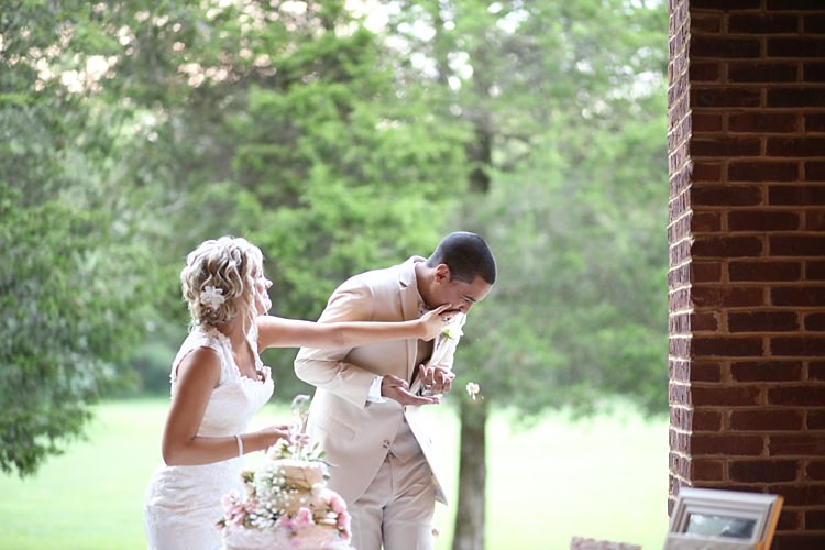 Cake Cutting Fun Wedding Cake Sparkly Cake Topper Pink Roses Baby's Breath Bride Lace Mermaid Bridal Gown With Straps Floral Hairpiece Groom Beige Suit White Shirt Pale Pink Bow Tie Soft Romantic Woodland Wedding Tennessee http://www.jessicaleephotographicart.com/