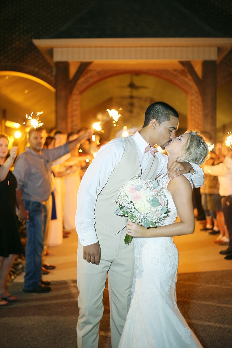 Bride Lace Mermaid Bridal Gown With Straps Floral Hairpiece Bouquet White Hydrangea Pink Roses Baby's Breath Groom Beige Suit White Shirt Pale Pink Bow Tie Sparklers Guests Soft Romantic Woodland Wedding Tennessee http://www.jessicaleephotographicart.com/