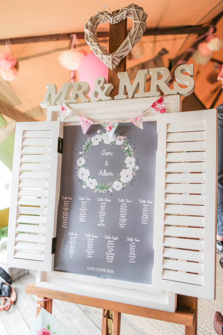 Window Shutter Black Board Seating Plan Table Chart Romantic Pink Summer Glamping Wedding http://helenrussellphotography.co.uk/