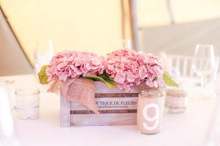 Crate Silk Hydrangeas Decor Romantic Pink Summer Glamping Wedding http://helenrussellphotography.co.uk/