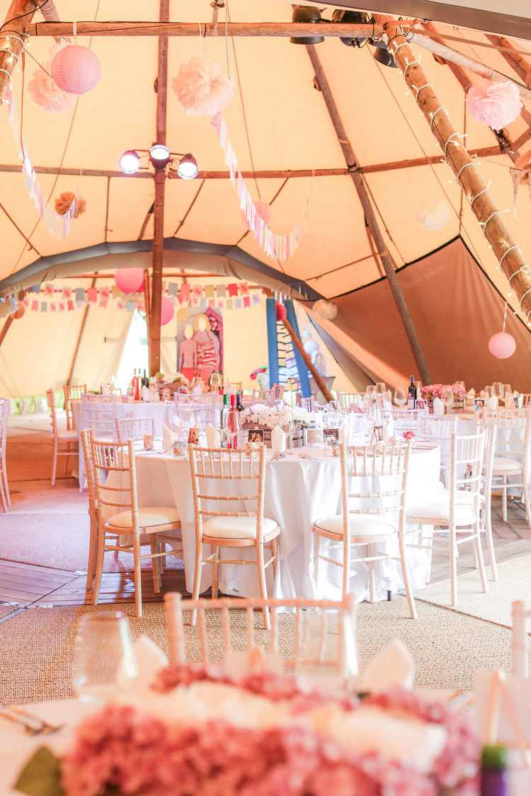 Pastel Tipi Pom Poms Bunting Romantic Pink Summer Glamping Wedding http://helenrussellphotography.co.uk/