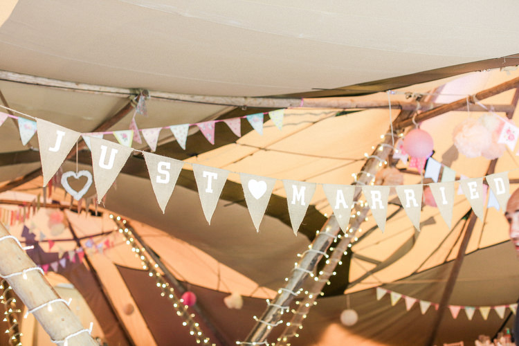 Just Married Bunting Romantic Pink Summer Glamping Wedding http://helenrussellphotography.co.uk/