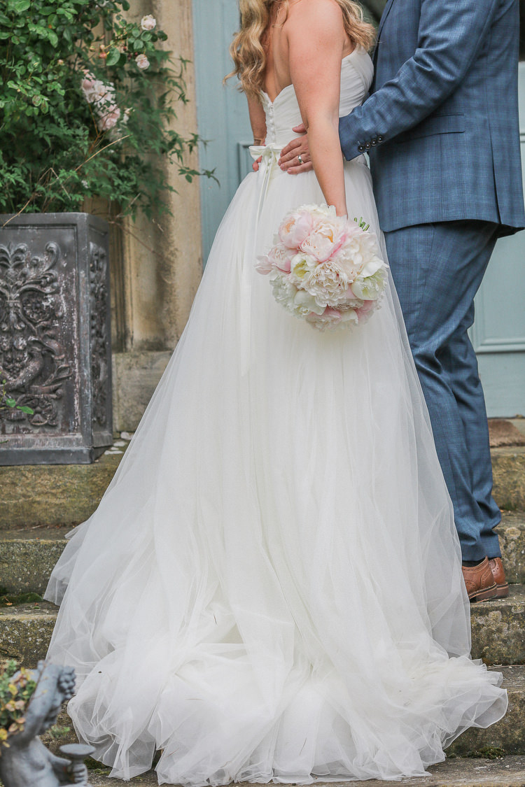 Strapless Tulle Dress Gown Bow Belt Buttons Bride Bridal Romantic Pink Summer Glamping Wedding http://helenrussellphotography.co.uk/