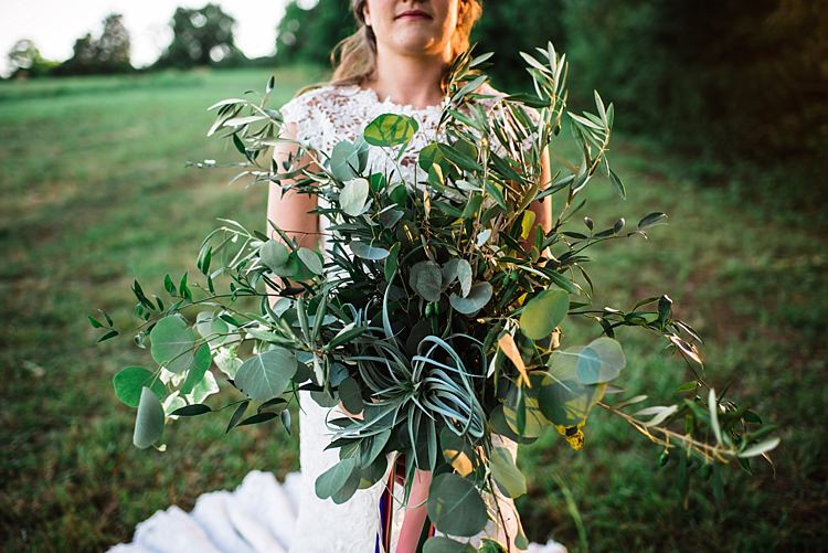 Bride Lace Bridal Gown With Buttons Bouquet Greenery Multicoloured Ribbons Grass Trees Ethereal Boho Wedding Ideas http://perfectcapturephoto.com/
