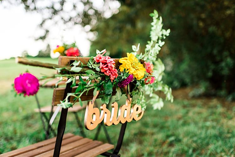 Gold Metallic Bride Sign Wooden Chair Bright Multicoloured Florals Pink Yellow Red Greenery Ethereal Boho Wedding Ideas http://perfectcapturephoto.com/