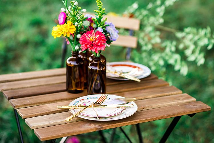 Table Setting Vintage China Gold Cutlery Multicoloured Florals Brown Glass Vases Ethereal Boho Wedding Ideas http://perfectcapturephoto.com/