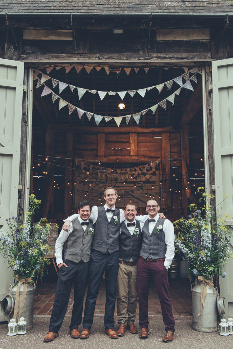 Groomsmen Mismatched Waistcoats Chinos Bow Ties Rustic Home Made Country Barn Wedding http://lisahowardphotography.co.uk/