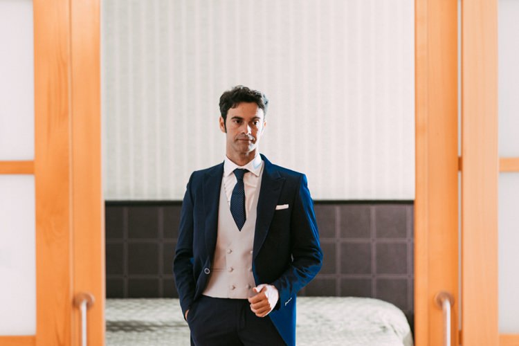 Groom Navy Blue Suit Grey Vest Polka Dot Tie Style Romantic Bohemian Spain Wedding http://saralobla.com/