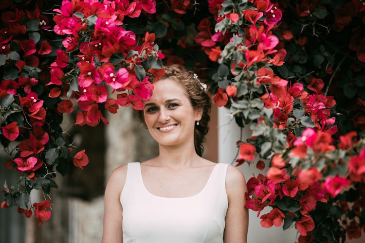 Bride Round Neck Crepe Tulle Bridal Gown Floral Hair Piece Outdoors Pink Florals Romantic Bohemian Spain Wedding http://saralobla.com/