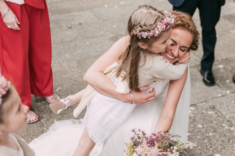 Bride Crepe Tulle Bridal Gown Pastel Bouquet Roses Lavender Flower Girls White Dress Pastel Floral Crown Hugs Romantic Bohemian Spain Wedding http://saralobla.com/