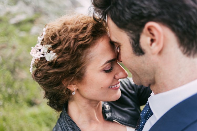 Bride Floral Hair Piece Leather Jacket Groom Navy Blue Suit Polka Dot Tie Romantic Bohemian Spain Wedding http://saralobla.com/