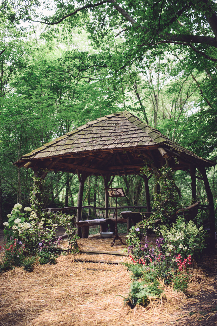 Gazebo Ceremony Outdoor Flowers Plants Hand Crafted Vintage Woodland Wedding http://www.jennawoodward.com/