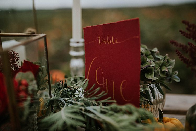 Red Gold Calligraphy Table Name Number Pumpkin Field Autumn Wedding Ideas http://www.jessicajweddingphotography.co.uk/