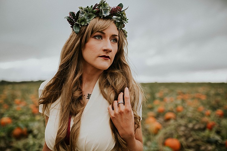 Flower Crown Foliage Bride Bridal Pumpkin Field Autumn Wedding Ideas http://www.jessicajweddingphotography.co.uk/