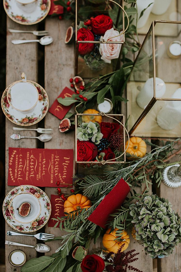 Table Scape Red Gold Orange Foliage Pumpkin Field Autumn Wedding Ideas http://www.jessicajweddingphotography.co.uk/
