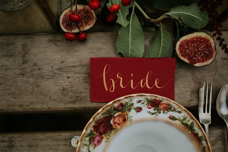 Place Name Card Red Gold Calligraphy Pumpkin Field Autumn Wedding Ideas http://www.jessicajweddingphotography.co.uk/