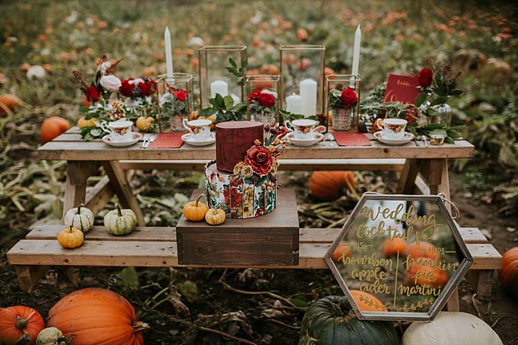 Table Scape Decor Rustic Red Orange Pumpkin Field Autumn Wedding Ideas http://www.jessicajweddingphotography.co.uk/