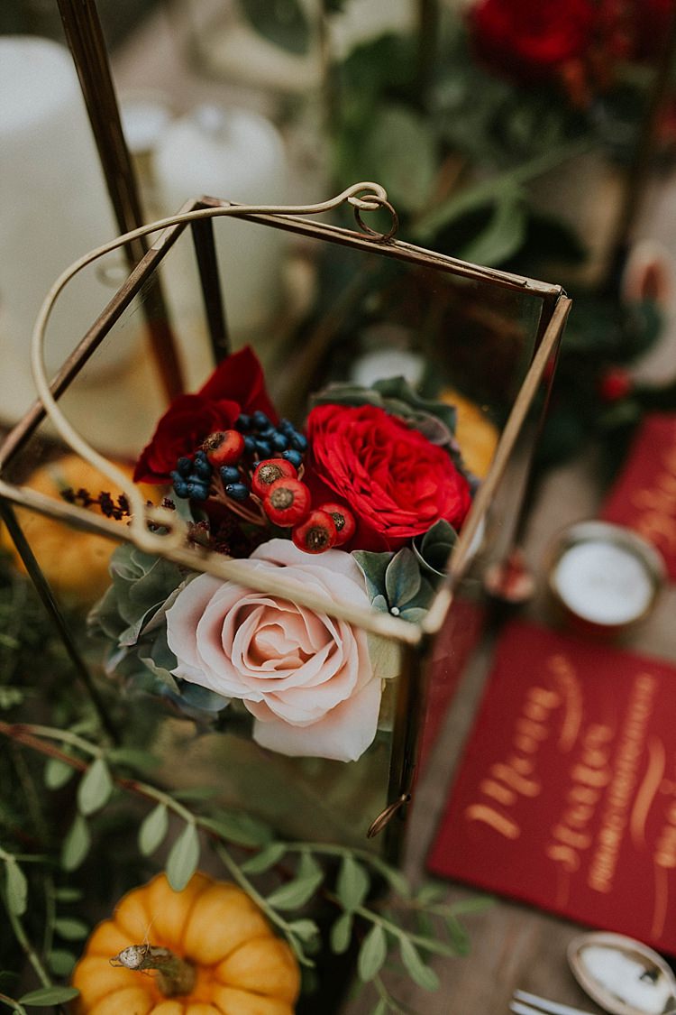 Glass Box Flowers Rose Berry Pumpkin Field Autumn Wedding Ideas http://www.jessicajweddingphotography.co.uk/