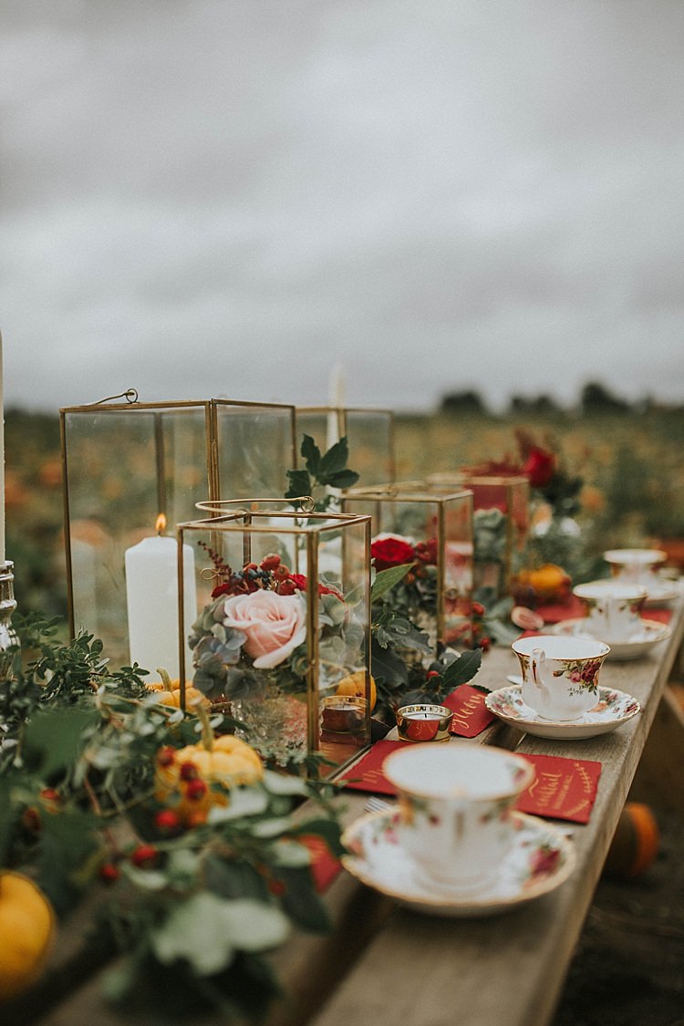 Table Scape Decor Rustic Red Gold Tea Cups Pumpkin Field Autumn Wedding Ideas http://www.jessicajweddingphotography.co.uk/