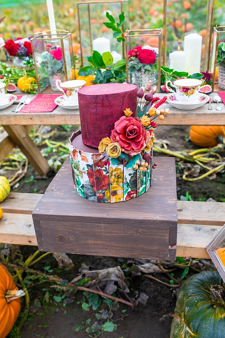 Cake Floral Red Yellow Pumpkin Field Autumn Wedding Ideas http://www.charlottewhiteweddings.co.uk/