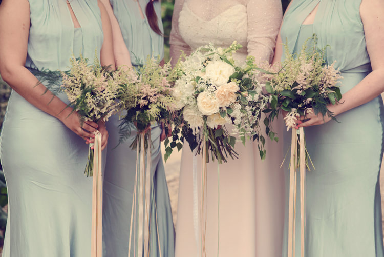 Bouquets Flowers Bride Bridesmaid Ribbons Peony Rose Astilbe Homespun Mint Yurt Wedding http://www.jessicaraphaelphotography.com/