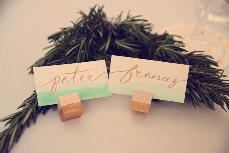 Place Card Calligraphy Watercolour Homespun Mint Yurt Wedding http://www.jessicaraphaelphotography.com/