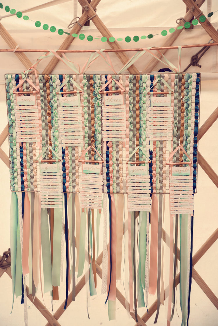 Woven Ribbon Seating Plan Chart Table Hanging Homespun Mint Yurt Wedding http://www.jessicaraphaelphotography.com/