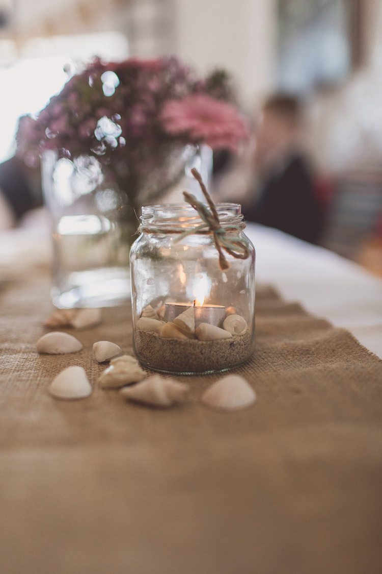 Jam Jar Candle Sand Shells Hessian Burlap Relaxed Seaside St Ives Wedding http://www.wearetheclarkes.com/