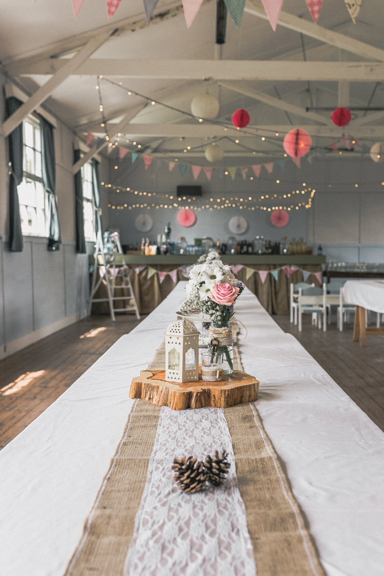 Village Hall Long Tables Hessian Lace Log Bunting Lights Lanterns Pastel Pretty Summer Picnic Wedding http://www.loveluella.co.uk/