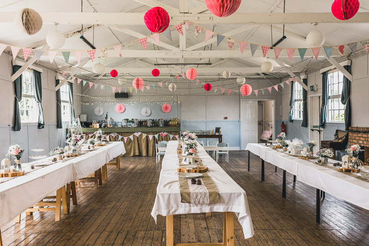 Village Hall Suffolk Bunting Lanterns Pastel Pretty Summer Picnic Wedding http://www.loveluella.co.uk/