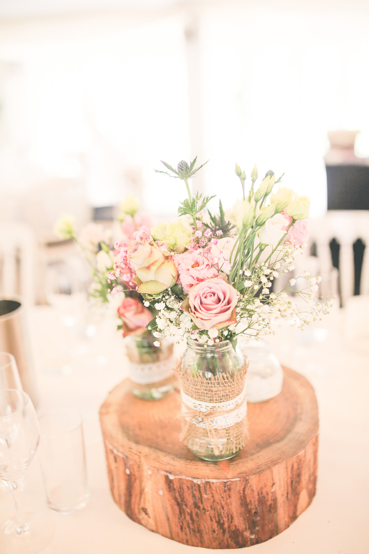 Jar Flowers Hessian Lace Log Rustic Secret Garden Wedding http://helenrussellphotography.co.uk/