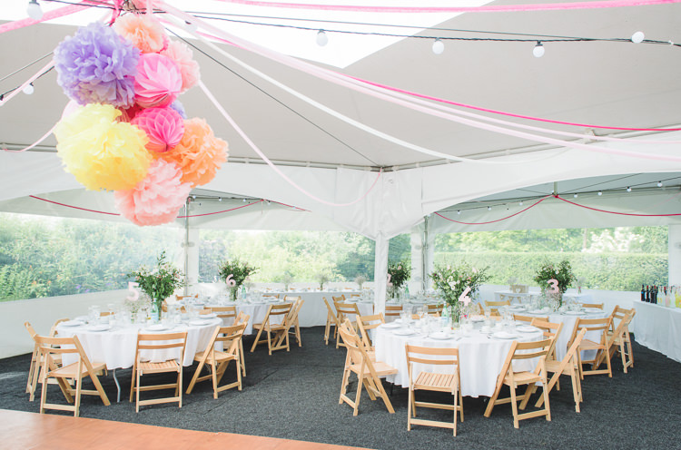 Marquee Ribbons Pom Poms Festoon Lights Pretty Pink Floral Garden Wedding https://www.georgimabee.com/ 
