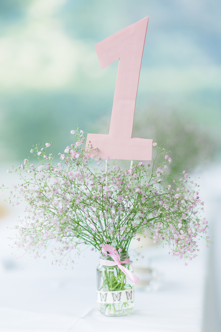 Table Number Gyp Gypsophila Baby Breath Jar Flowers Pretty Pink Floral Garden Wedding https://www.georgimabee.com/ 