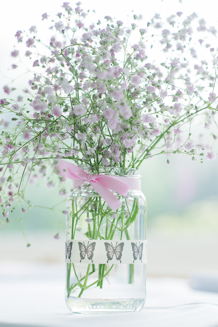 Jar Flowers Ribbon Decor Table Centrepiece Pretty Pink Floral Garden Wedding https://www.georgimabee.com/ 