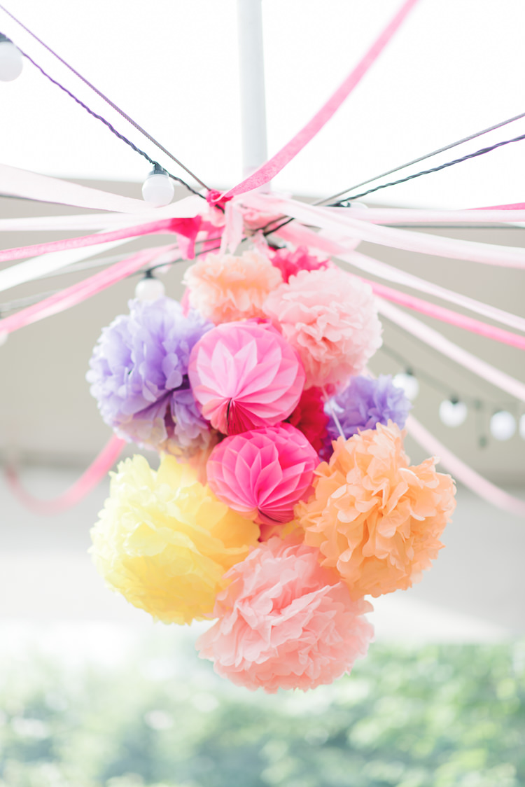Pastel Pom Poms Ribbon Festoon Lights Pretty Pink Floral Garden Wedding https://www.georgimabee.com/