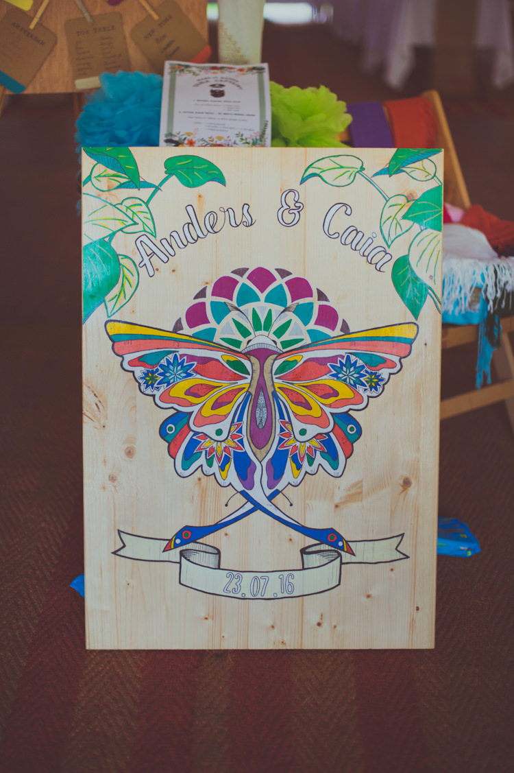 Painted Wooden Sign Colourful Woodland Humanist Wedding http://sashaweddings.co.uk/ 