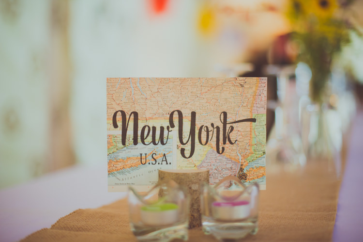 Travel Place Names Tables Colourful Woodland Humanist Wedding http://sashaweddings.co.uk/ 